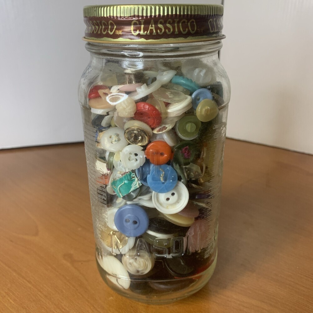 Vintage Buttons In Mason Quart Jar